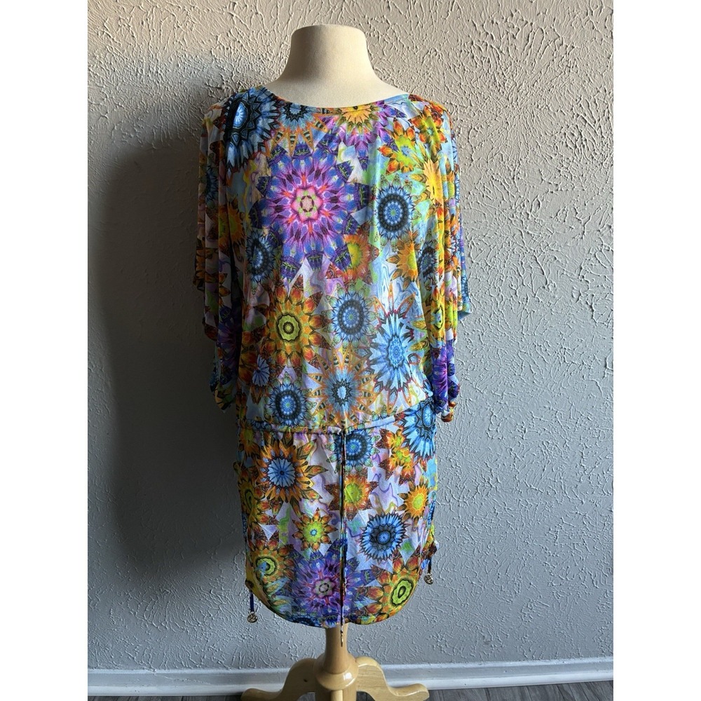 Luli Fama Medium Kaleidoscope Print Batwing Swim Cover Up Resort Tunic - Picture 14 of 16